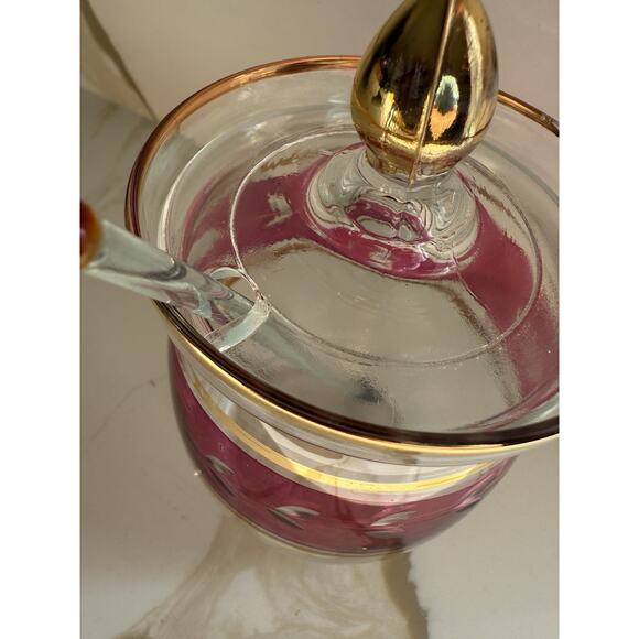 Antique Ruby Flash Glass Jam- Condiment Jar Etched With Gold Trim RARE 4” - Picture 9 of 10